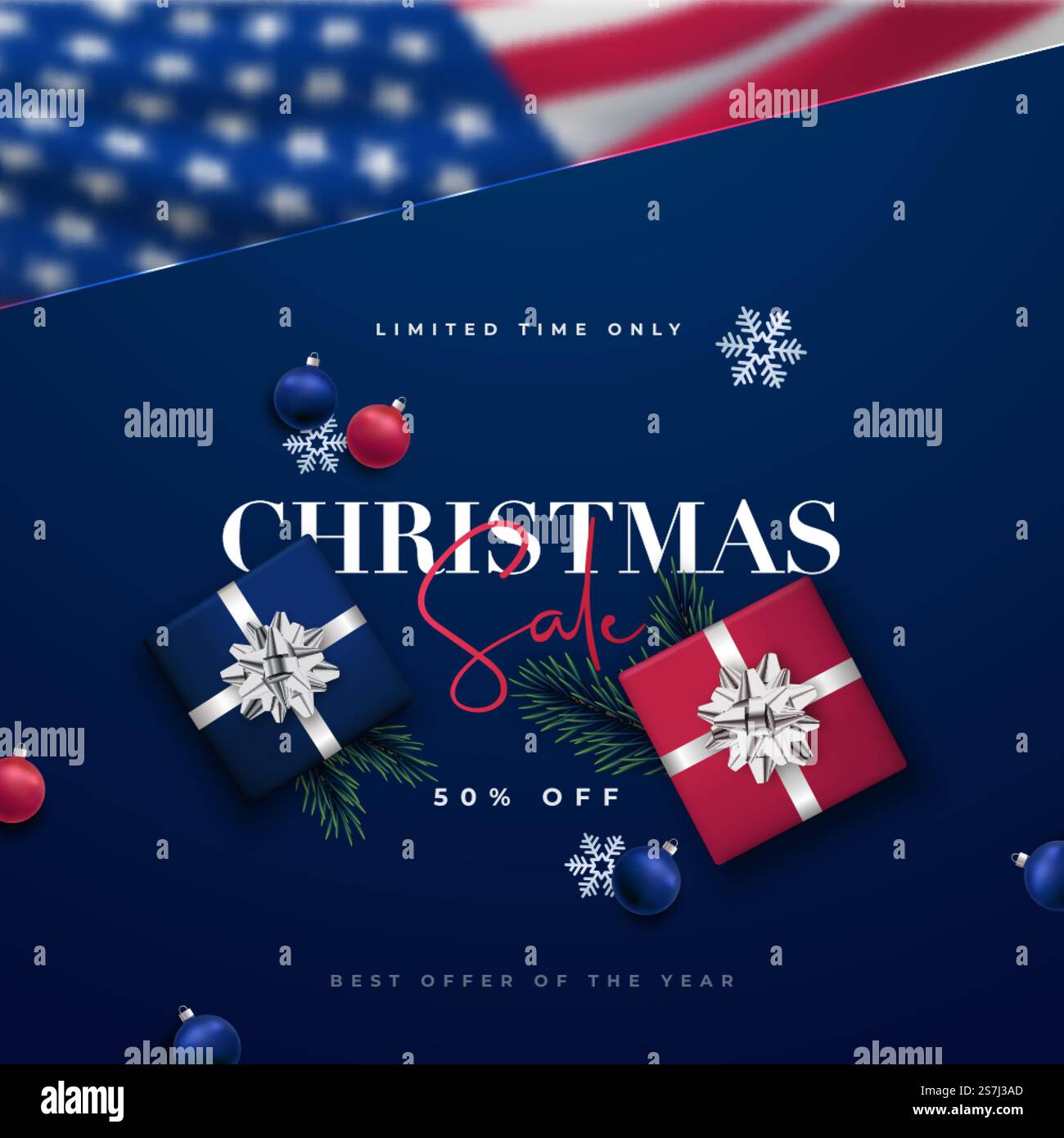 Modello di design moderno Merry Christmas sale con bandiera statunitense blu. Vista dall'alto composizione natalizia. Banner promozionale vettoriale. Illustrazione Vettoriale