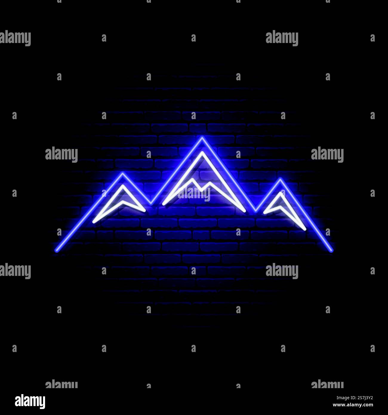 Insegna neon delle montagne. Le cime scintillanti delle montagne sono caratterizzate da una parete con sfondo in mattoni scuri. Modello di design vettoriale per logo, emblema, pubblicità turistica, ecc. Illustrazione Vettoriale
