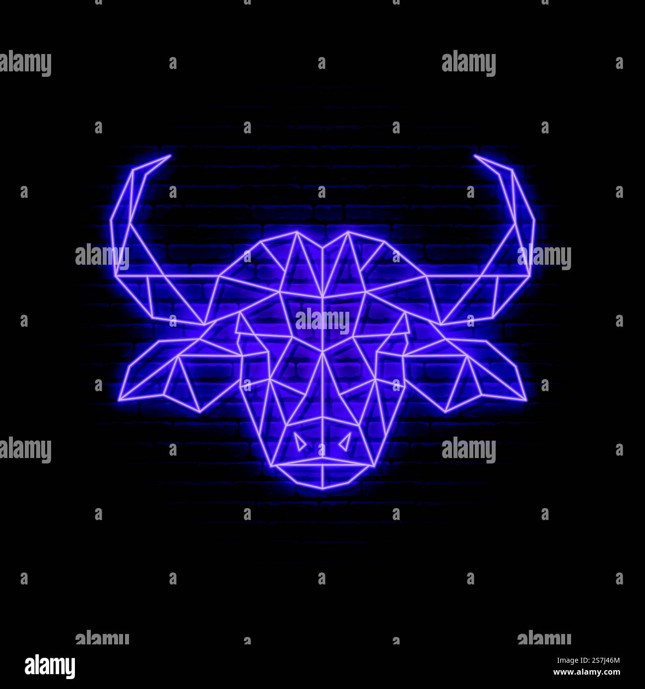 Insegna neon Buffalo. Emblema di bufalo in stile poligonale. Cartello con luce notturna. Illustrazione vettoriale. Illustrazione Vettoriale