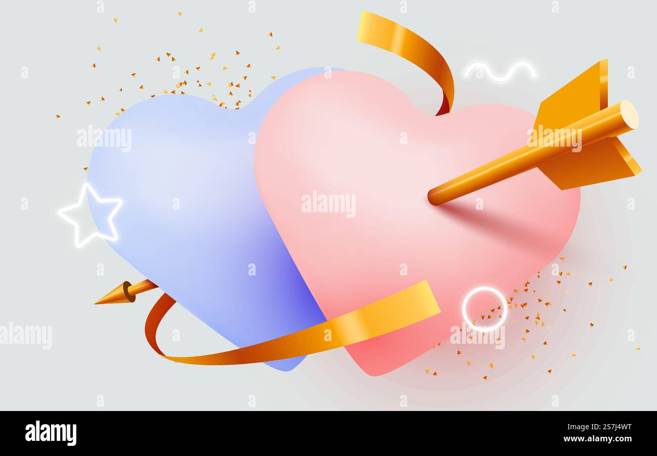 Due cuori amorevoli forati con la freccia di cupido. San Valentino o composizione di nozze. Illustrazione vettoriale. Due cuori amorevoli forati con la freccia di cupido. San Valentino o composizione di nozze. Illustrazione Vettoriale