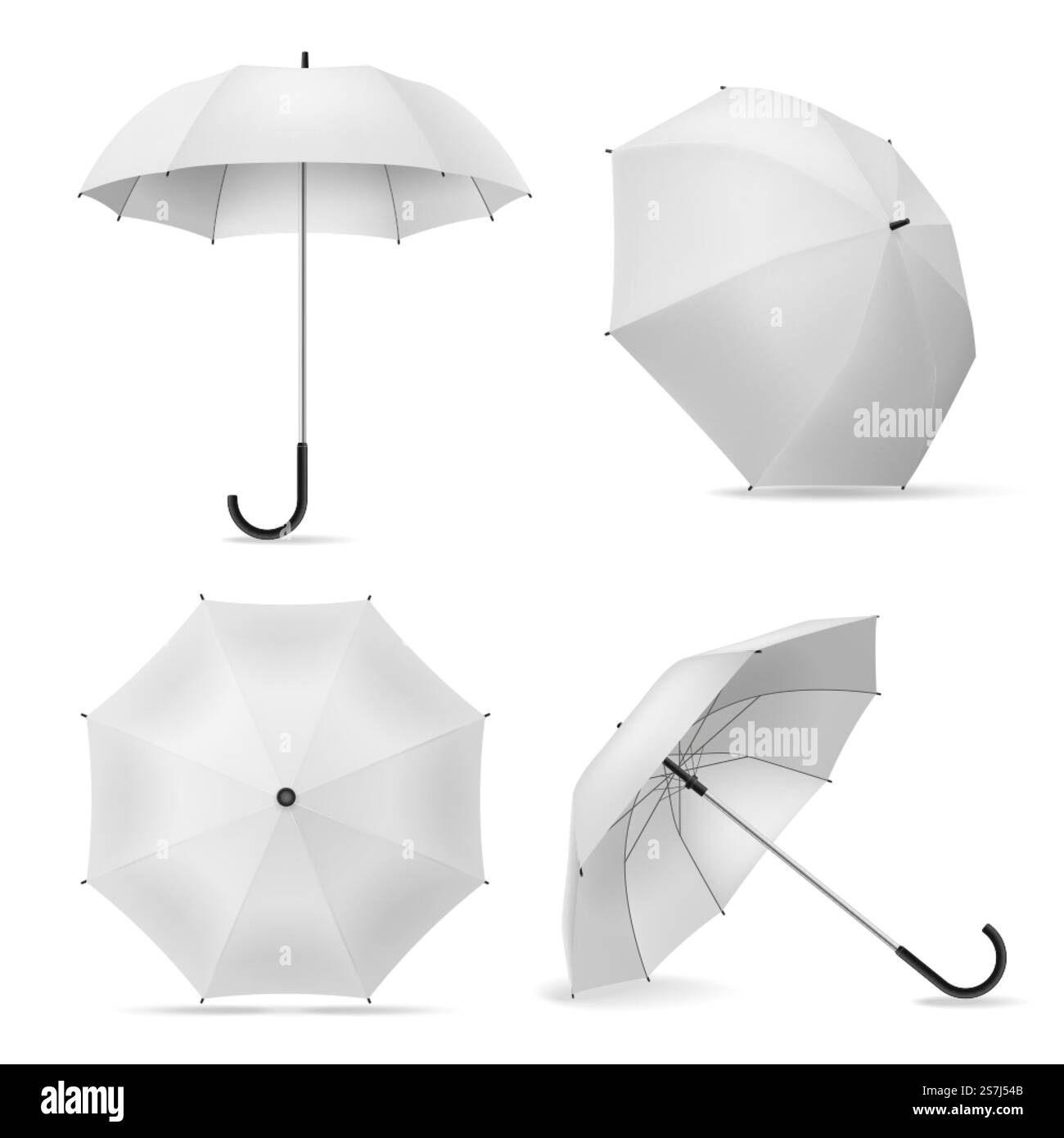 Ombrello. Ombrelloni aperti bianchi realistici in varie posizioni, modello di accessori per pioggia per la vista dall'alto e anteriore per il branding, pubblicizzare il mockup vettoriale isolato. Ombrello. Ombrelloni aperti bianchi realistici in varie posizioni, modello per accessori pioggia per la vista dall'alto e anteriore per il branding, pubblicizzare il mockup vettoriale Illustrazione Vettoriale
