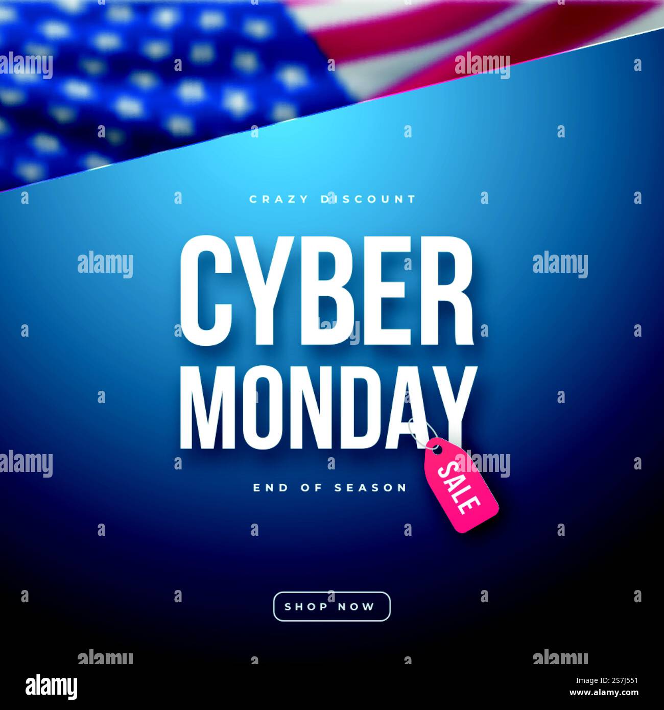 Saldi Cyber Monday con cartellino rosso su sfondo con bandiera USA. Design pubblicitario moderno per social media, banner Web, volantini promozionali, ecc. Illustrazione vettoriale stock Illustrazione Vettoriale