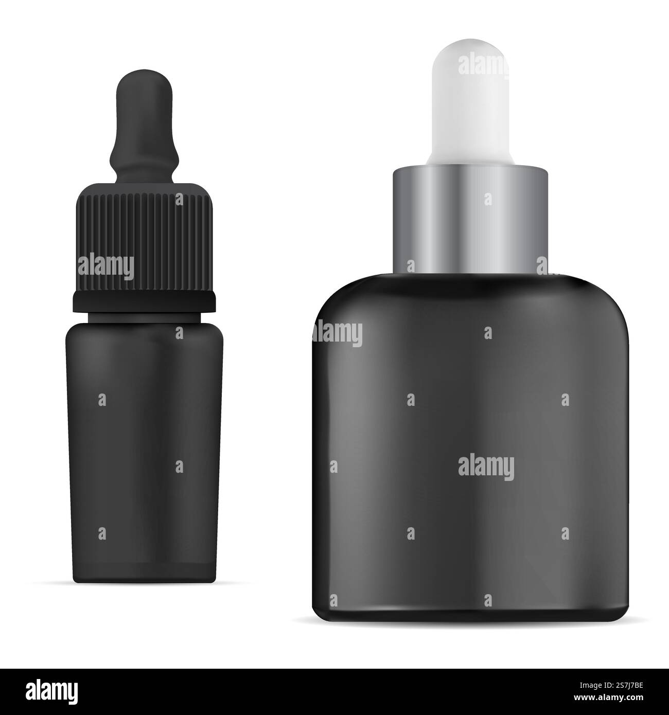 Flacone contagocce per olio essenziale. Contenitore per siero cosmetico, modello con flacone nero. Fiala di essenza organica liquida con pipetta, fiasca per trattamento isolata su sfondo bianco. vaso contagocce. Flacone contagocce per olio essenziale. Siero cosmetico nero Illustrazione Vettoriale