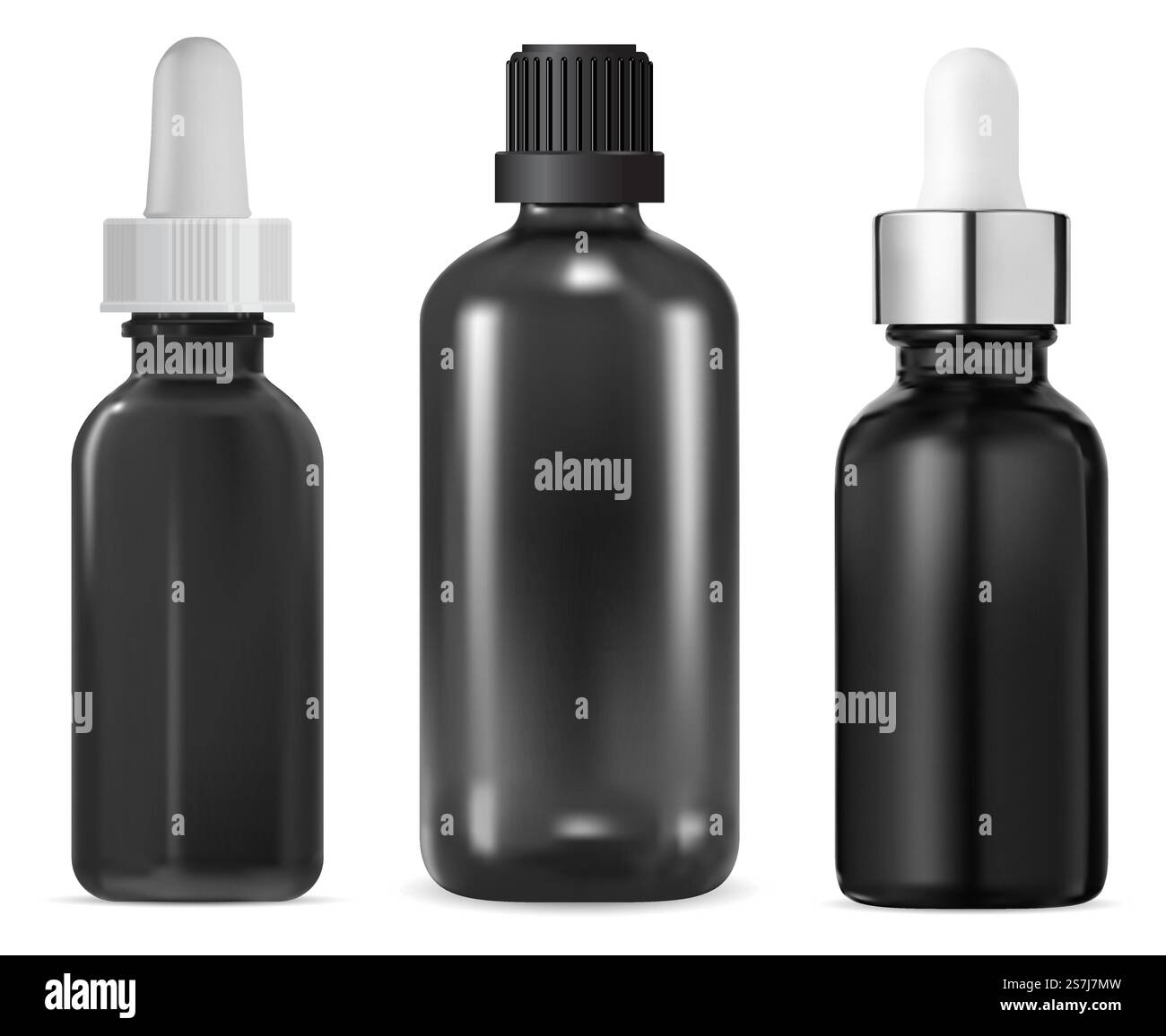 Flacone per siero in vetro, mockup cosmetico con olio essenziale. Fiala per siero beauty, set di contenitori apothecary di collagene piccolo. Flacon da farmacia per aromaterapia, bianco trasparente. E liquido, vaschetta dello sciroppo. Flacone per siero in vetro, mockup cosmetico con olio essenziale Illustrazione Vettoriale