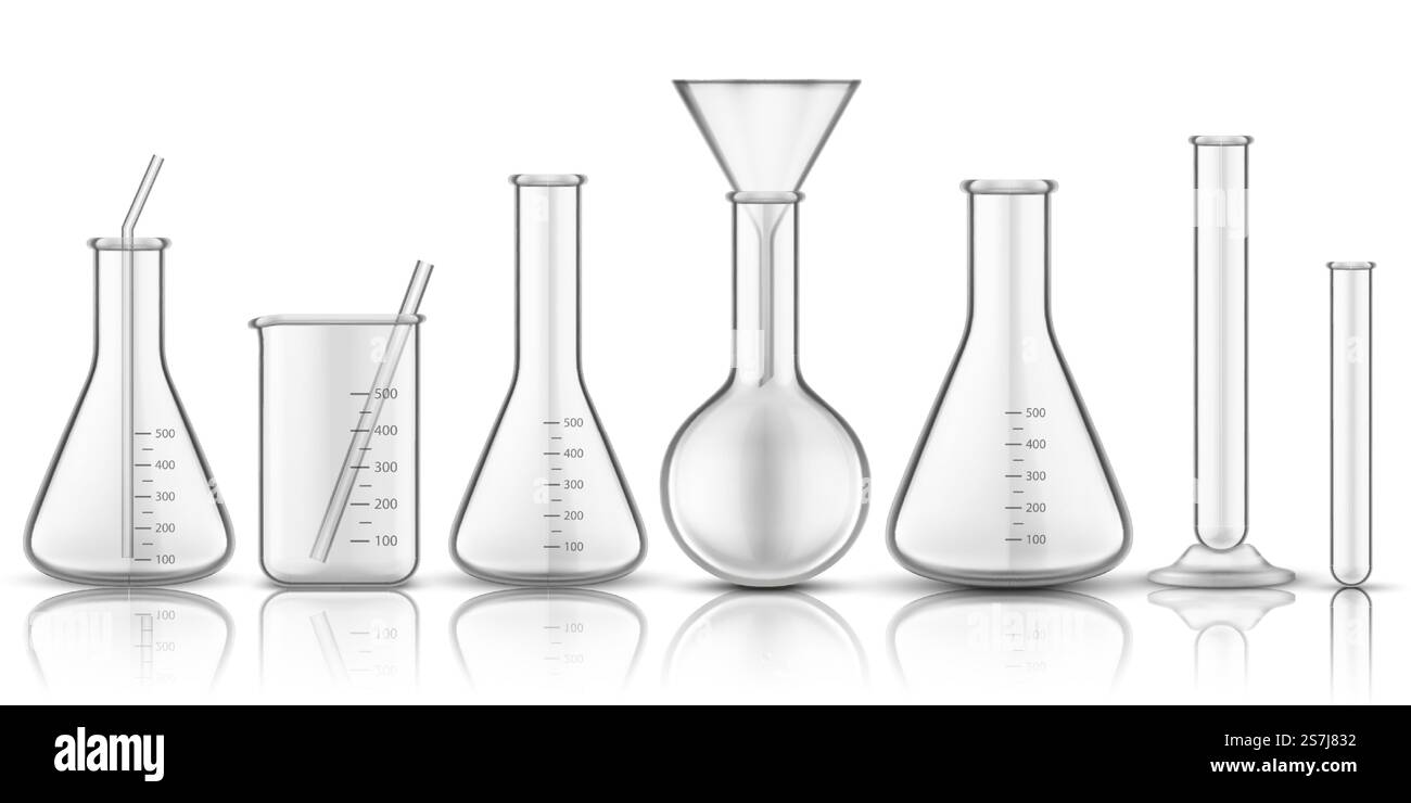 Bicchiere per vetreria o vetro graduato. Set di fiasche isolate per chimica o provetta per analisi biologiche, provetta per scienza per liquido. Ricerca sulla reazione biologica. Farmacologia e medicina, tema della tecnologia educativa. Bicchiere per vetreria o vetro graduato Illustrazione Vettoriale
