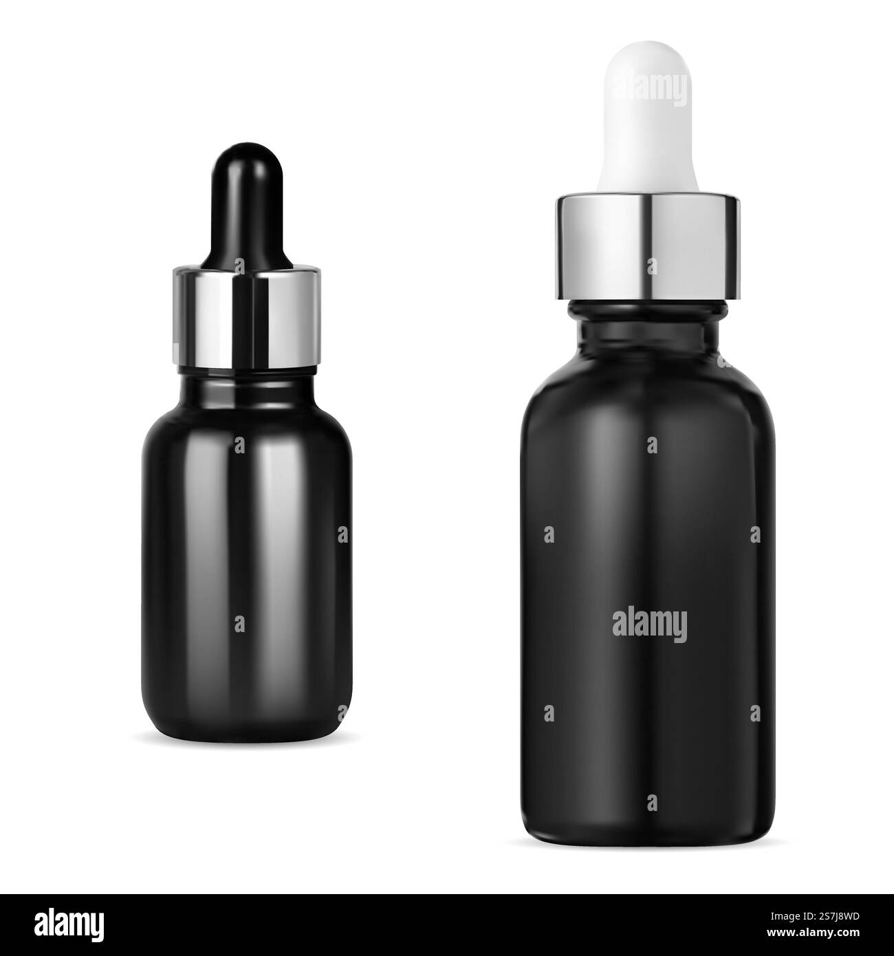 Flacone contagocce nero. Mockup per contenitore cosmetico con essenza di siero. Trattativa per la cura della pelle, vaschetta di raccolta dell'olio essenziale, confezione di medicinali a base di erbe, plastica argento lucido. Mock-up per matracci di liquidi medicali. Flacone contagocce nero mockup cosmetico Serum Essence Illustrazione Vettoriale
