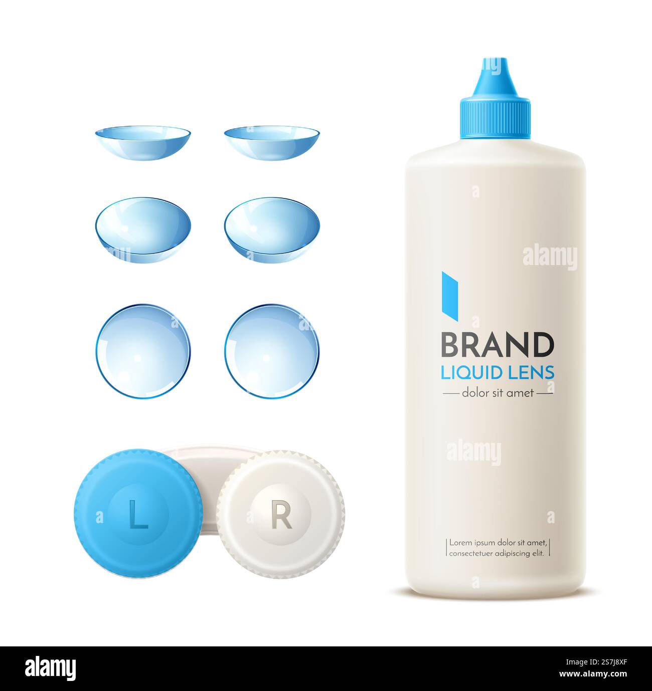 Contenitore per lenti a contatto blu vettoriali realistiche, lenti in silicone e flacone di soluzione detergente. Elementi pubblicitari dei prodotti per auto eyesight.. Mock-up del contenitore per lenti a contatto vettoriali realistiche Illustrazione Vettoriale