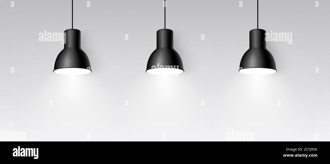 Tre lampade realistiche appese al soffitto. Illuminazione brillante. Tre plafoniere decorative nere. Lampada a sospensione moderna - vettore stock. Illustrazione Vettoriale Tre lampade realistiche appese al soffitto. Illuminazione brillante. Tre plafoniere decorative nere. Lampada a sospensione moderna - vettore stock. Illustrazione Vettoriale