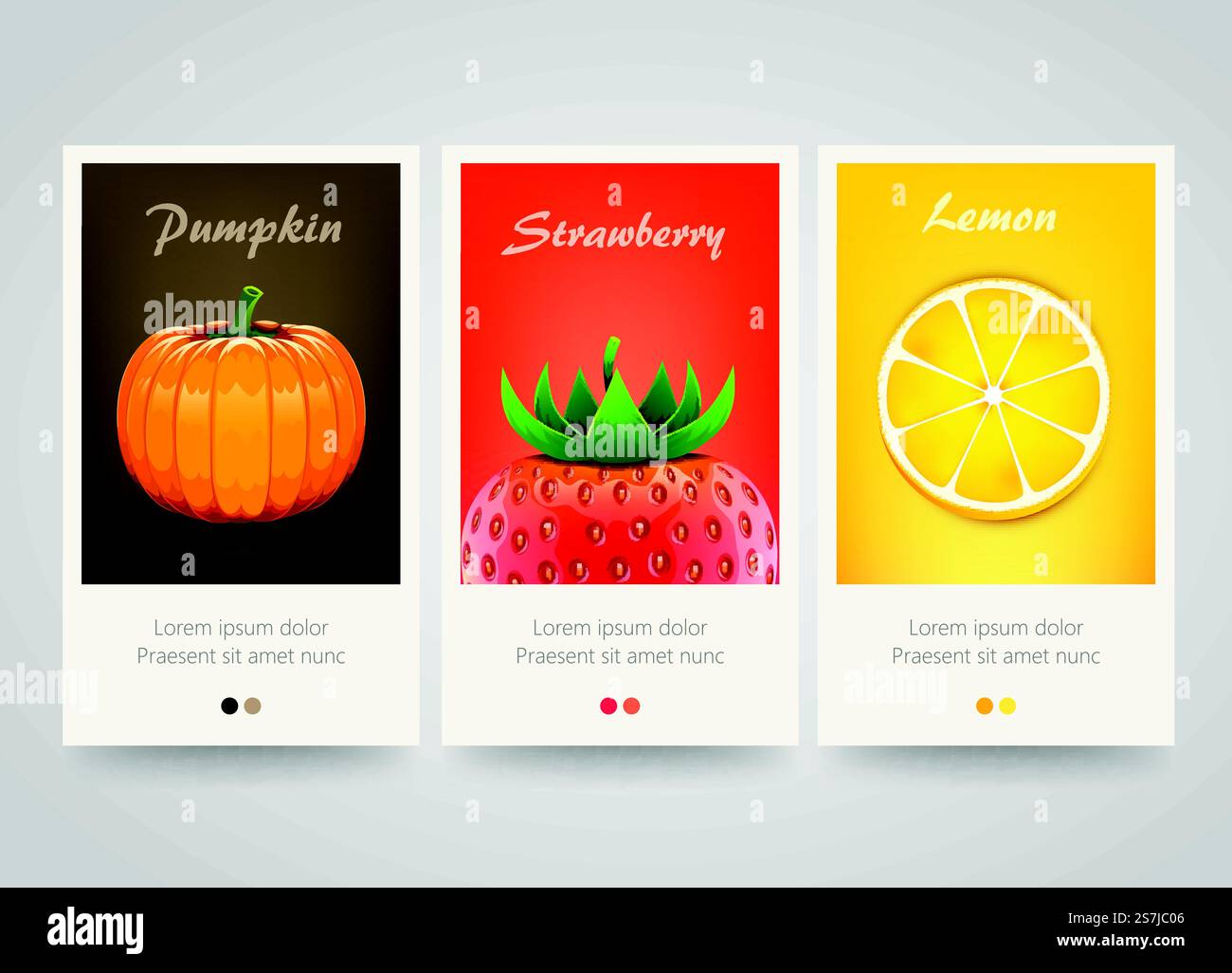 Moderni striscioni verticali colorati per frutta, verdura e frutti di bosco. Splendido set di volantini. Sfondo con fragola, arancia e zucca. Illustrazione vettoriale. Moderni striscioni verticali colorati per frutta, verdura e frutti di bosco. Illustrazione Vettoriale