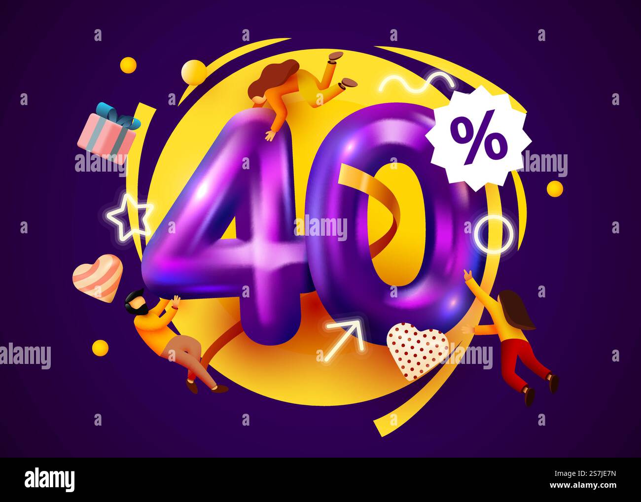 Mega saldi. sconto del 40%. Offerta speciale 40% background con persone volanti. Poster o banner promozionale. Illustrazione vettoriale. Mega saldi. sconto del 40%. Offerta speciale 40% background con persone volanti. Poster o banner promozionale. Illustrazione Vettoriale