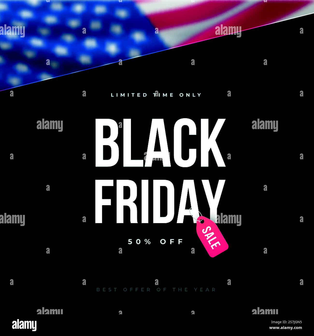 Sconti Black Friday con cartellino rosso su sfondo con bandiera USA. Design pubblicitario alla moda per social media, banner Web, volantini promozionali, ecc. Illustrazione vettoriale stock. Illustrazione Vettoriale