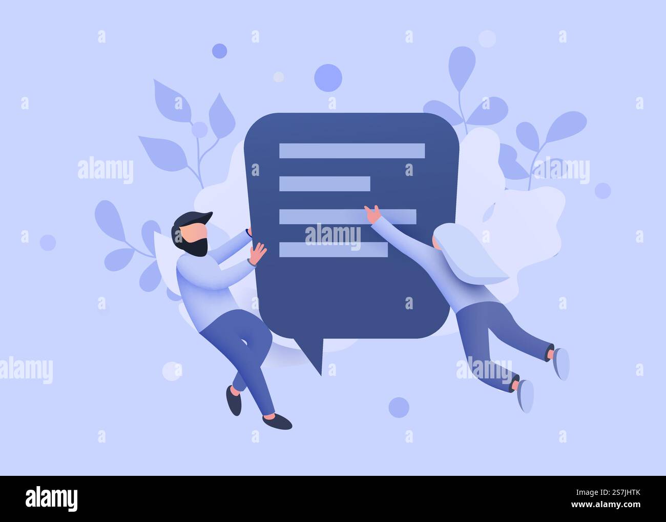 Piccole persone che volano intorno alla bolla della chat. Coppia parlante. Concetto di firma del Messenger online o dei contatti. Illustrazione vettoriale. Piccole persone che volano intorno alla bolla della chat. Coppia parlante. Concetto di firma del Messenger online o dei contatti. Illustrazione Vettoriale