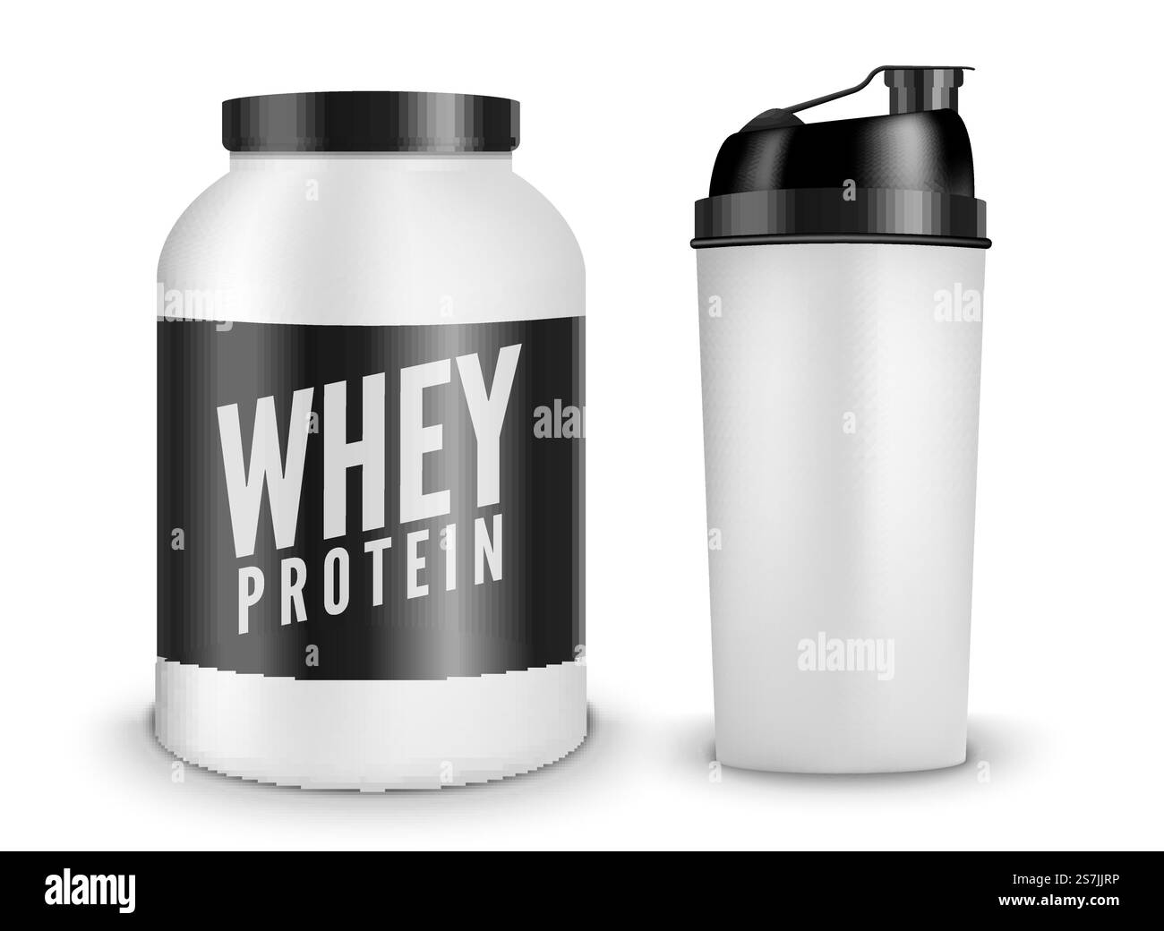 Nutrizione per bodybuilding proteica del siero di latte isolata su bianco. Illustrazione sportiva per allenamento lifestyle power fitness. Supplemento palestra. Nutrizione per bodybuilding proteica del siero di latte isolata su bianco. Illustrazione sportiva per allenamento lifestyle power fitness. Flacone agitatore. Supplemento palestra Illustrazione Vettoriale