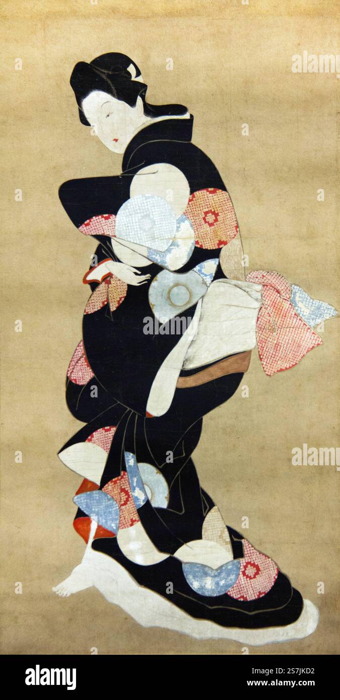 Giappone; rotolo sospeso; dipinti Hishikawa Moronobu, Bijin-ga rotolo appeso (dettaglio) Foto Stock