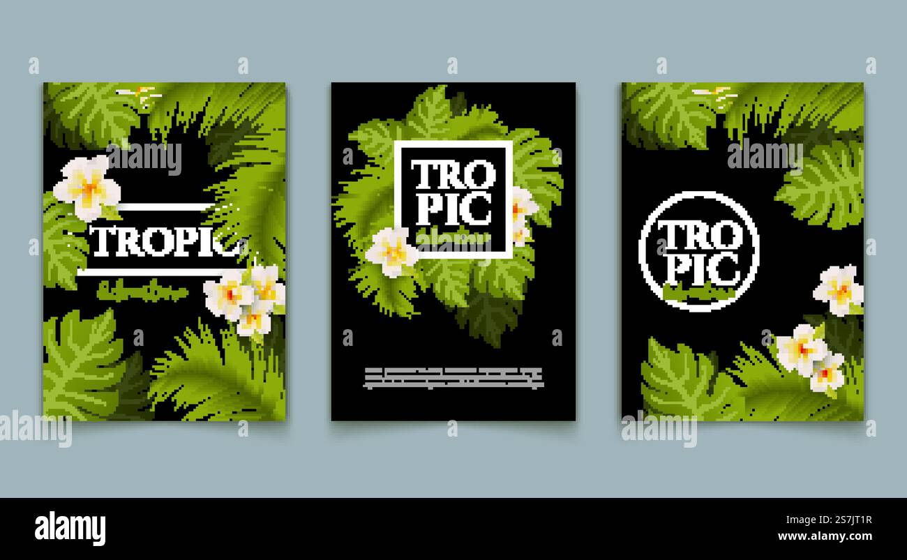 Sfondo per il volantino con palme tropicali. Carta estiva dal design tropicale alla moda. Banner esotico nella giungla... Sfondo per il volantino con palme tropicali. Carta estiva dal design tropicale alla moda. Banner esotico nella giungla Illustrazione Vettoriale