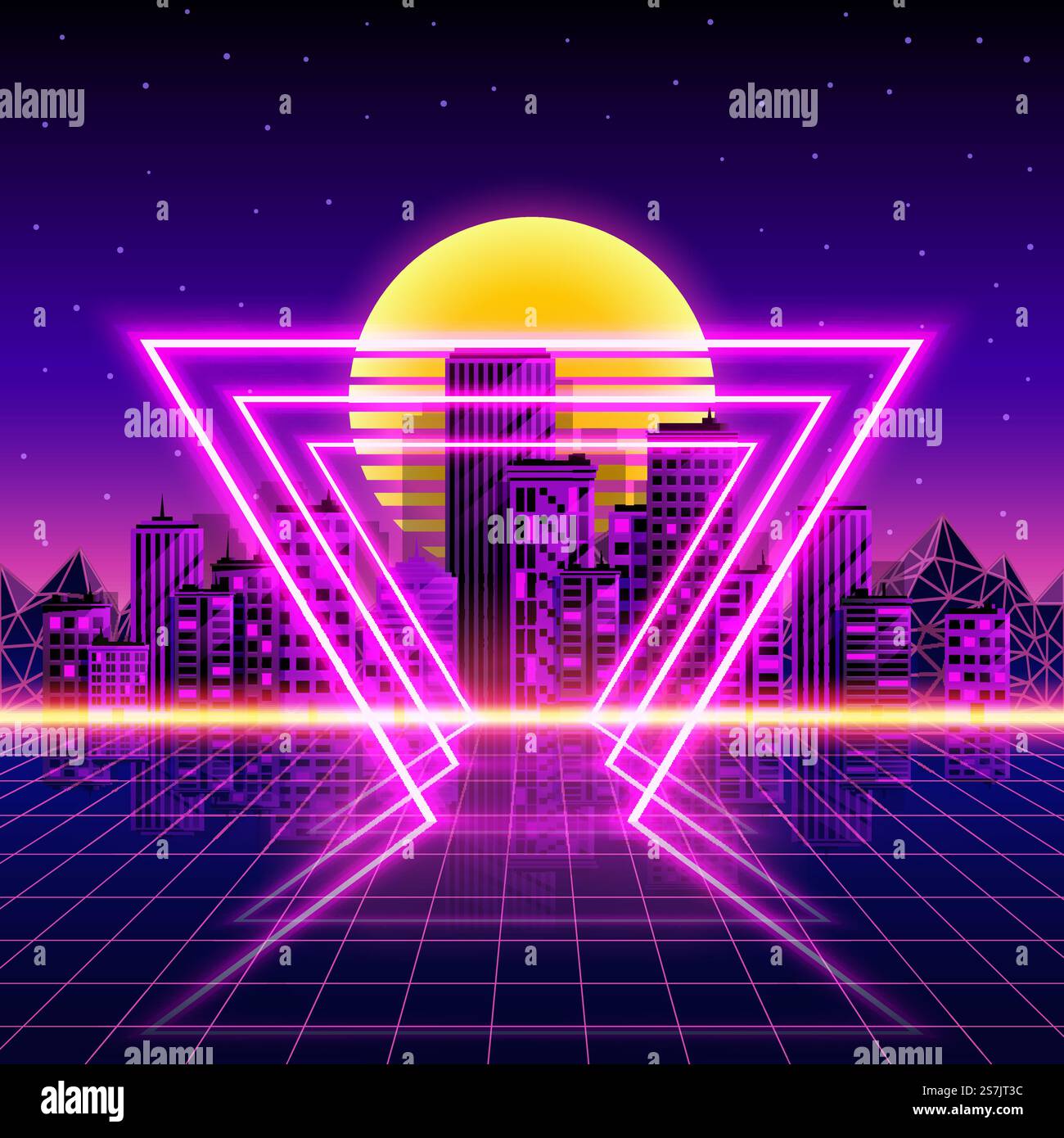 Sfondo neon retrò della città. Stile neon anni '80 Illustrazione vettoriale Illustrazione Vettoriale