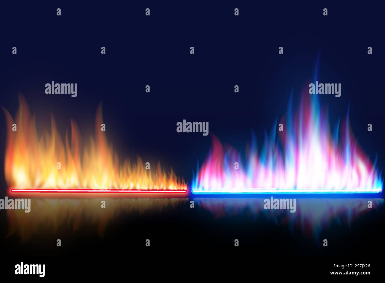 Fiamme rosse e blu su sfondo scuro. Fiamme rosse e blu su sfondo scuro. Illustrazione vettoriale Illustrazione Vettoriale