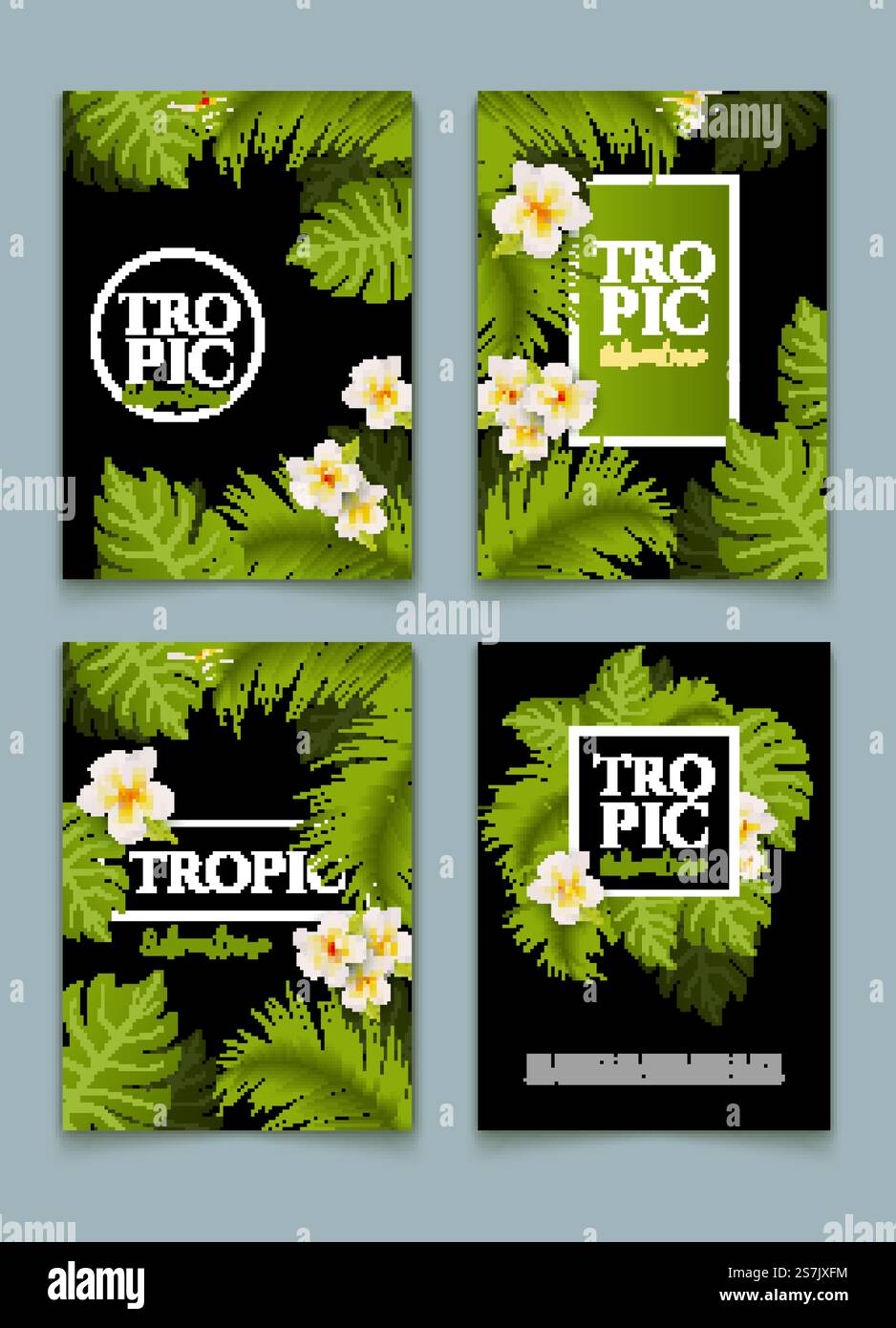 Sfondo per il volantino con palme tropicali. Carta estiva dal design tropicale alla moda. Banner esotico nella giungla... Sfondo per il volantino con palme tropicali. Carta estiva dal design tropicale alla moda. Banner esotico nella giungla Illustrazione Vettoriale