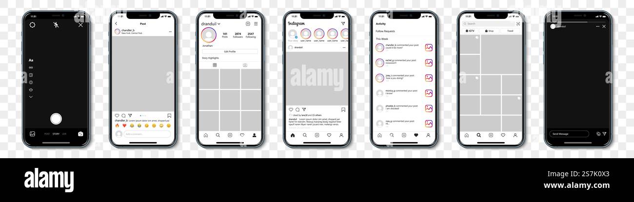 Set di iPhone blu con cornice modello Instagram per social network su sfondo trasparente Illustrazione Vettoriale