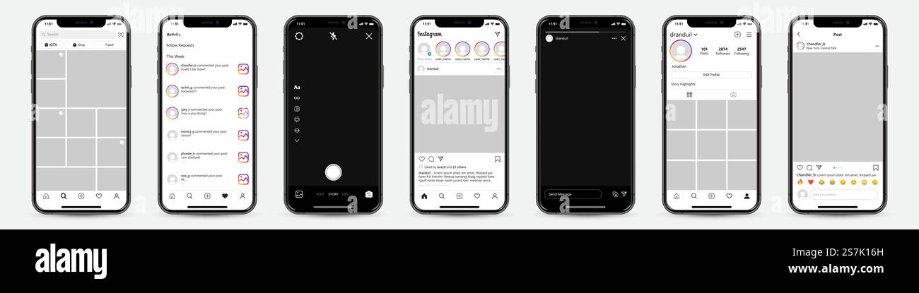 Set di iPhone con cornice modello Instagram per social network Illustrazione Vettoriale