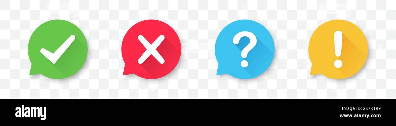 Serie di icone con segno di spunta, croce, punto interrogativo, punto esclamativo con un'ombra lunga Illustrazione Vettoriale