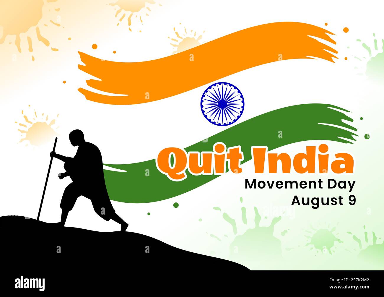 Illustrazione vettoriale di Quit India Movement Day il 9 agosto con la bandiera indiana e la silhouette di persone in modelli di sfondo disegnati a mano Flat Cartoon Illustrazione Vettoriale