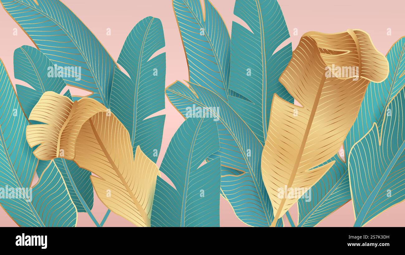 Sfondo con foglie tropicali di palme su sfondo rosa. Illustrazione Vettoriale