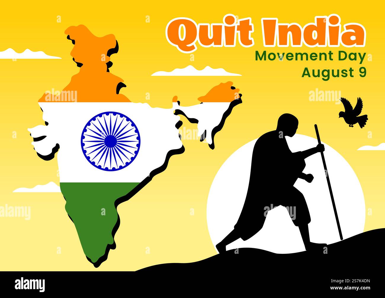 Illustrazione vettoriale di Quit India Movement Day il 9 agosto con la bandiera indiana e la silhouette di persone in modelli di sfondo disegnati a mano Flat Cartoon Illustrazione Vettoriale