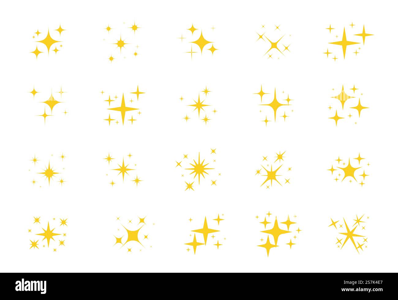 Stelle scintillanti. Una stella gialla scintillante ed elemento scintillante su sfondo bianco. Illustrazione Vettoriale