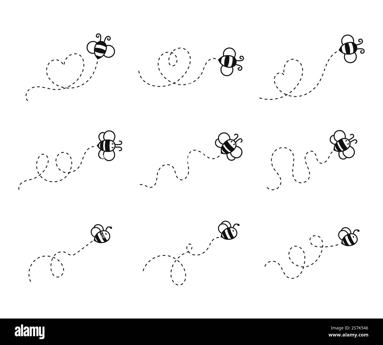 Percorso di volo delle api. Un'ape che vola su una linea tratteggiata il percorso di volo di un'ape verso il miele. Illustrazione Vettoriale