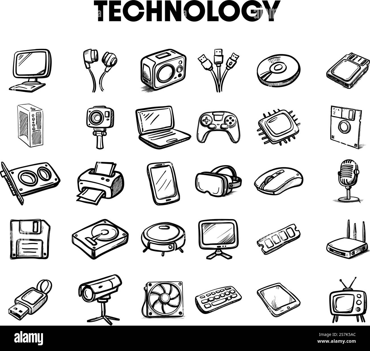 Immagine di un set di icone disegnate a mano che raffigurano elementi tecnologici come smartphone, tablet e USB Illustrazione Vettoriale