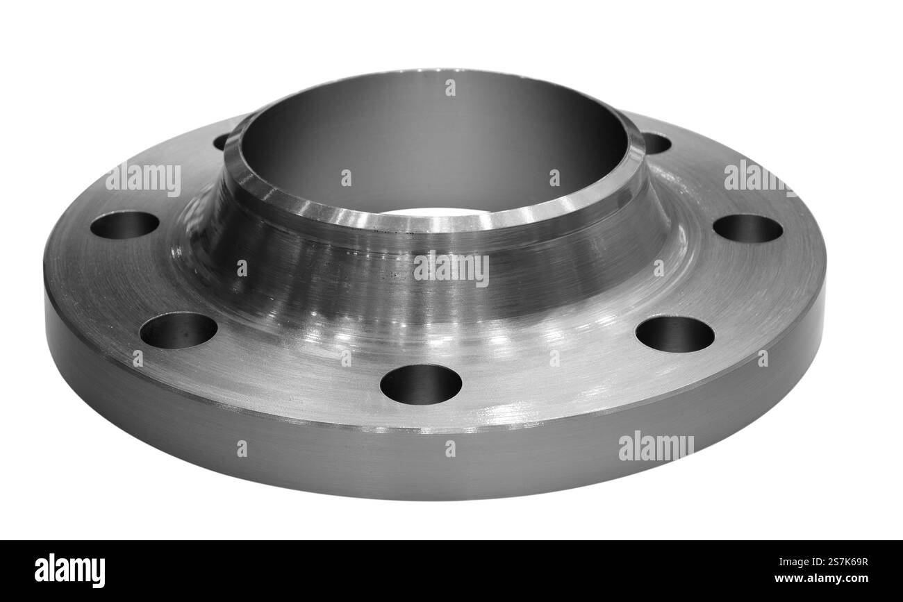 Una piastra metallica con dei fori. È lucido e ha una forma circolare. La piastra è in metallo e presenta un foro al centro Foto Stock