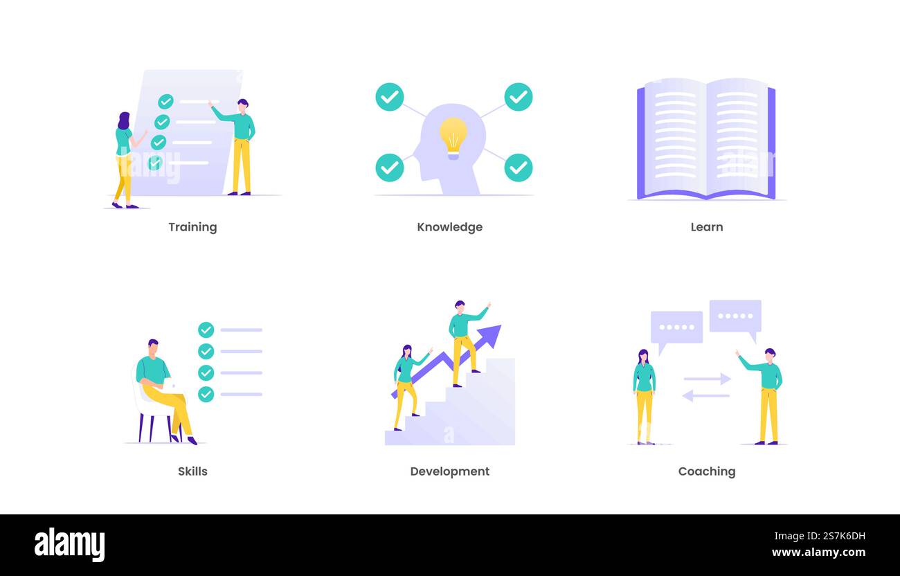 Icone Web del concetto di illustrazione vettoriale per la creazione di capacità. Formazione, apprendimento, conoscenze, competenze, coaching, icone di supporto e sviluppo. Adatto per ui, ux, Web, dispositivi mobili, banner e infografica. Illustrazione Vettoriale
