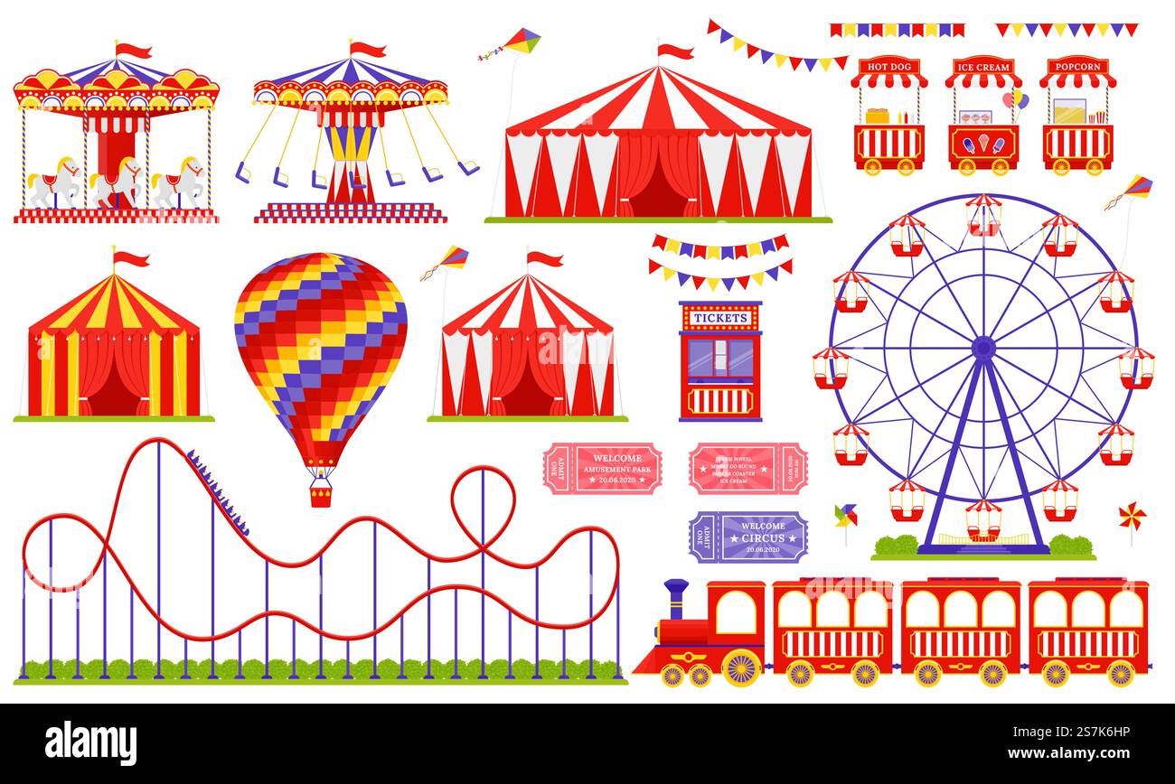 Parco divertimenti, circo, fiera di carnevale a tema. Vettore. Set con ruota panoramica, tenda, carosello, montagne russe, palloncino, treno. Icone isolate su sfondo bianco. Attrazione diurna. Illustrazione. Circo, parco divertimenti, set fieristico di carnevale. Illustrazione vettoriale. Design piatto. Illustrazione Vettoriale