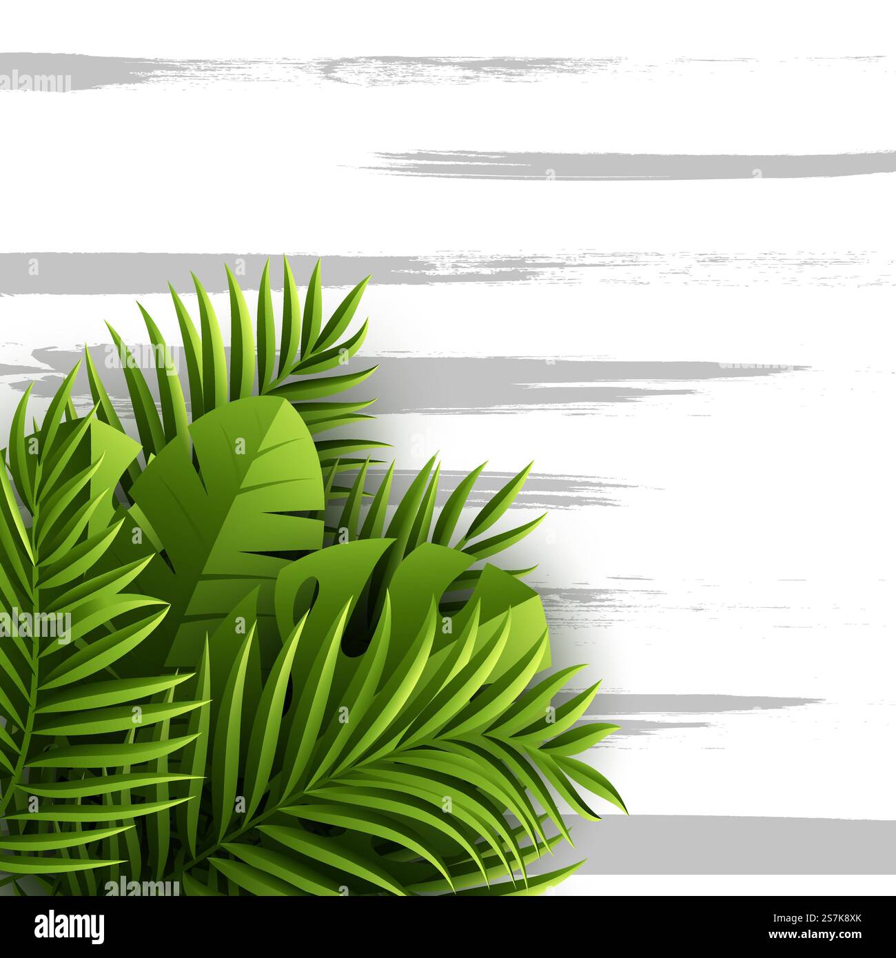 Foglie esotiche di palme tropicali nella giungla. Sfondo floreale estivo con texture grunge. Illustrazione vettoriale. Foglie esotiche di palme tropicali nella giungla. Sfondo floreale estivo con texture grunge, illustrazione vettoriale. Illustrazione Vettoriale