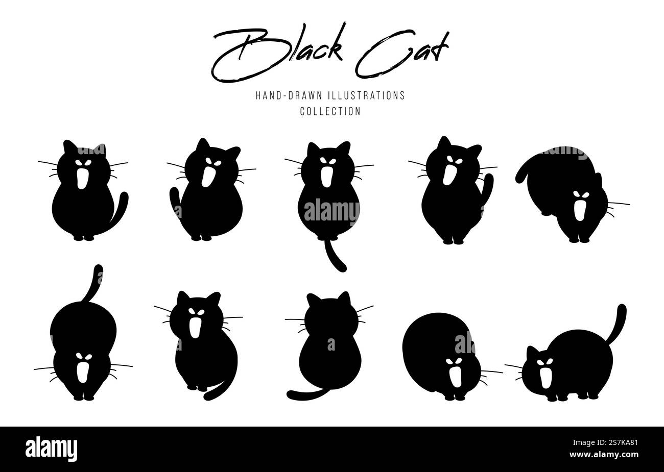 Sagome nere di gatti per halloween, illustrazione disegnata a mano. Illustrazione Vettoriale