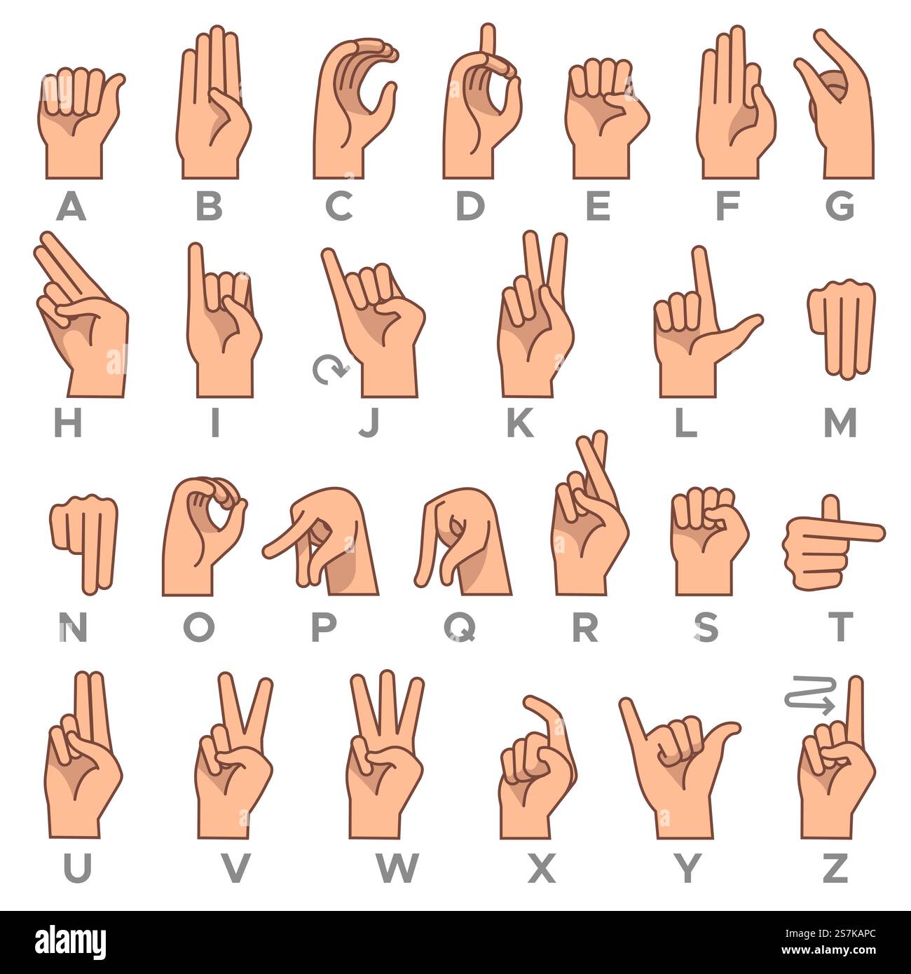 Linguaggio non udente. Lettere dell'alfabeto del gesto della mano dei sordi americani, simboli alfabetici vettoriali asl. Linguaggio non udente. Lettere alfabetiche dei gesti delle mani per i sordi americani, simboli vettoriali asl Illustrazione Vettoriale