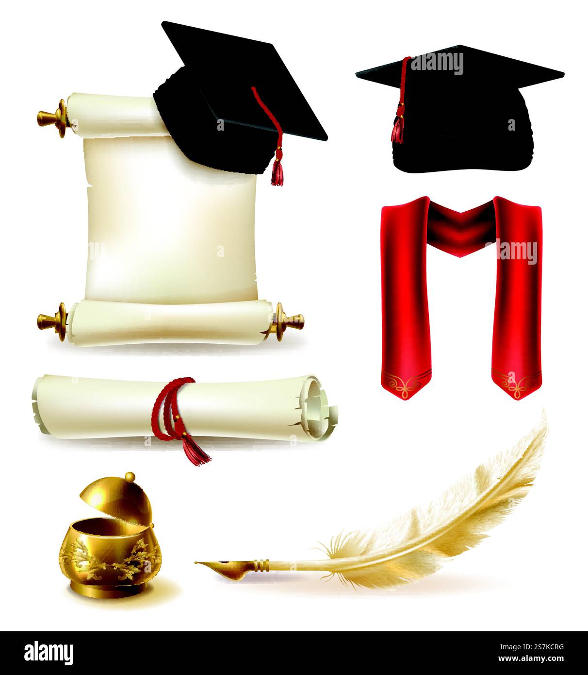 Simboli di graduazione per l'istruzione superiore Set di vettori realistici con cappuccio e sciarpa per Malta, pergamena vuota per diploma o certificato, penna per penna e illustrazione del pozzetto di inchiostro dorato isolato su sfondo bianco. Elementi di progettazione vettoriali del concetto di laurea universitaria Illustrazione Vettoriale Simboli di graduazione per l'istruzione superiore Set di vettori realistici con cappuccio e sciarpa per Malta, pergamena vuota per diploma o certificato, penna per penna e illustrazione del pozzetto di inchiostro dorato isolato su sfondo bianco. Elementi di progettazione vettoriali del concetto di laurea universitaria Illustrazione Vettoriale