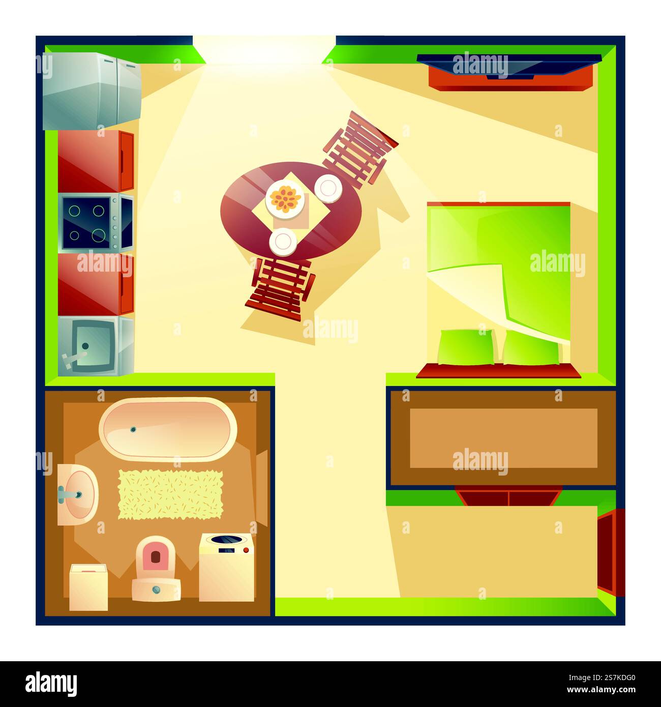 Piccolo monolocale con cucina combinata, soggiorno e camera da letto piano con vista vettoriale a fumetti con tavolo da pranzo, elettrodomestici da cucina, letto, illustrazione dell'arredamento del bagno. Appartamento moderno. Piccolo monolocale cartoni animati piano vettoriale Illustrazione Vettoriale