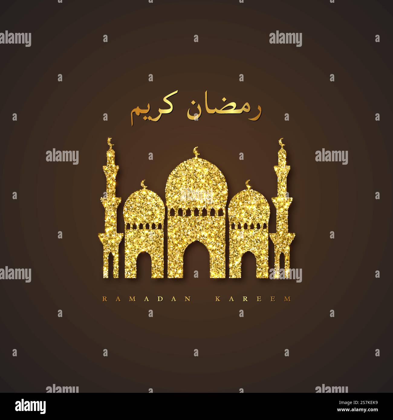 La moschea dei glitter Ramadan Kareem. Design delle vacanze d'oro per il festival musulmano, sfondo nero. Illustrazione vettoriale. La moschea dei glitter Ramadan Kareem. Illustrazione Vettoriale