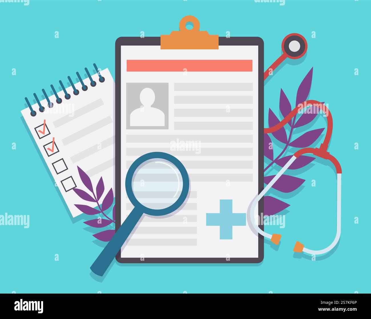Cartella clinica. Scheda paziente anamnesi medica e diagnosi, lista di controllo medico con casella di controllo. Concetto di documento integro del vettore del servizio di assicurazione sanitaria. Cartella clinica. Scheda paziente anamnesi medica e diagnosi, lista di controllo medico con casella di controllo. Concetto di vettore del servizio di assicurazione sanitaria Illustrazione Vettoriale