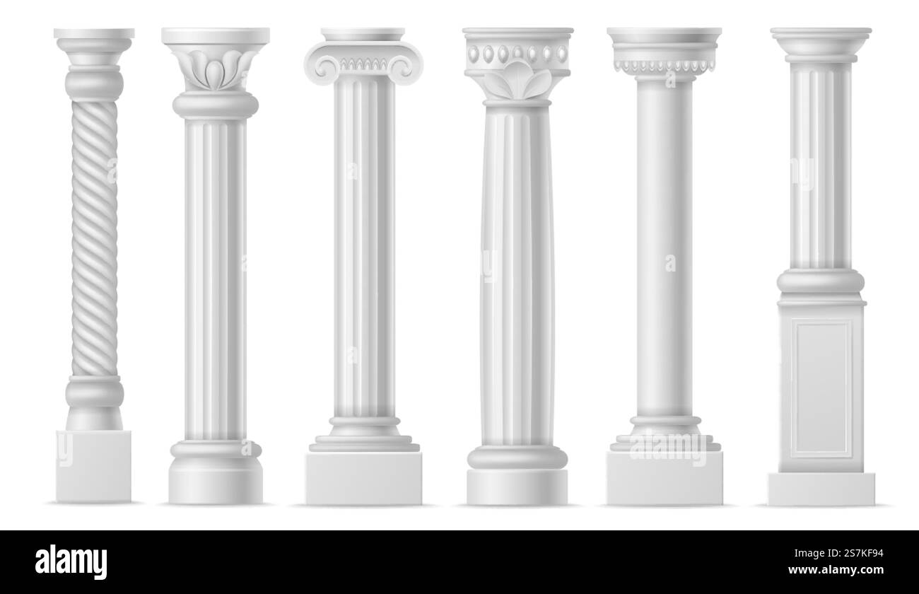 Colonna realistica. Colonne bianche antiche classiche, colonne in pietra storiche romane, colonne in marmo, architettura greca antica colonnato elementi isolati vettoriali. Colonna realistica. Colonne bianche antiche classiche, colonne in pietra storiche romane, colonne in marmo, architettura vettoriale dell'antica grecia Illustrazione Vettoriale