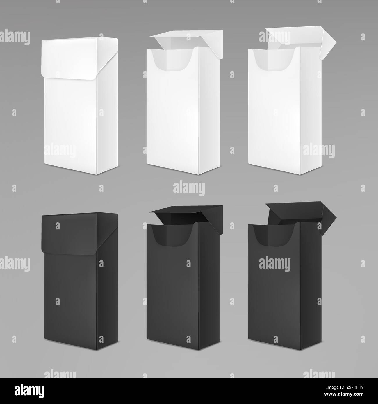 Pacchetti vuoti di sigarette bianchi e neri. Mockup vettoriale realistico di scatole di carta aperte e chiuse per prodotti del tabacco isolate su sfondo grigio. Pacchetti vuoti di sigarette bianchi e neri Illustrazione Vettoriale