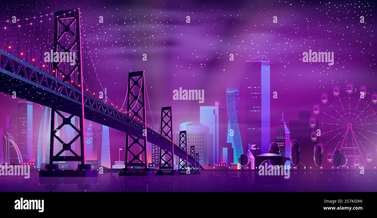 Grande ponte incernierato vettoriale per il parco divertimenti. La moderna megapolis sul fiume e sulla ruota panoramica. Sfondo architettonico notturno con edifici luminosi in stile cartoni animati. Grattacieli urbani dai colori neon. Ponte incernierato vettoriale per il parco divertimenti Illustrazione Vettoriale