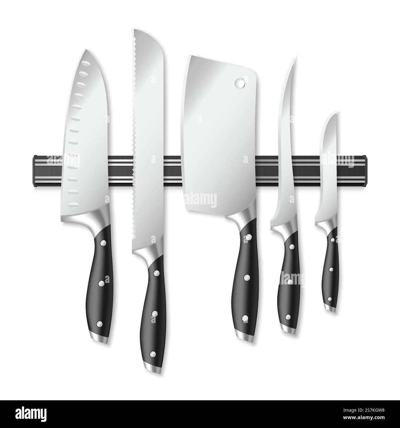 Coltelli da cucina appesi al set di supporti magnetici, attrezzature per macelleria e utensili da cucina sullo sfondo. Collezione di coltelli da cuoco professionali. Illustrazione vettoriale 3d realistica. Coltelli da cucina appesi al set di supporti magnetici, attrezzature per macelleria e utensili da cucina. Illustrazione Vettoriale