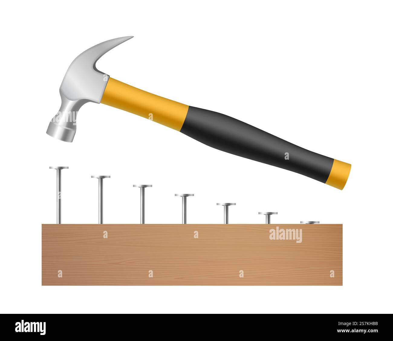 Martello che colpisce chiodi in acciaio su una tavola di legno isolata su sfondo bianco. Concetto di elemento industriale carpentiere e simbolo di ristrutturazione. Illustrazione vettoriale realistica. Martello che colpisce chiodi in acciaio su una tavola di legno isolata su sfondo bianco. Elemento industriale carpentiere Illustrazione Vettoriale