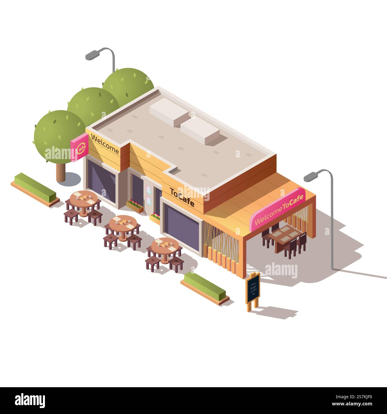 Ristorante di strada, fast food bar, Road Cafe con terrazza all'aperto, posti a sedere all'aperto, vettoriale isometrico isolato su sfondo bianco. Edificio per piccole imprese, cartografia cittadina, elemento architettonico urbano. Edificio Cafe' di strada con terrazza esterna vettoriale Illustrazione Vettoriale