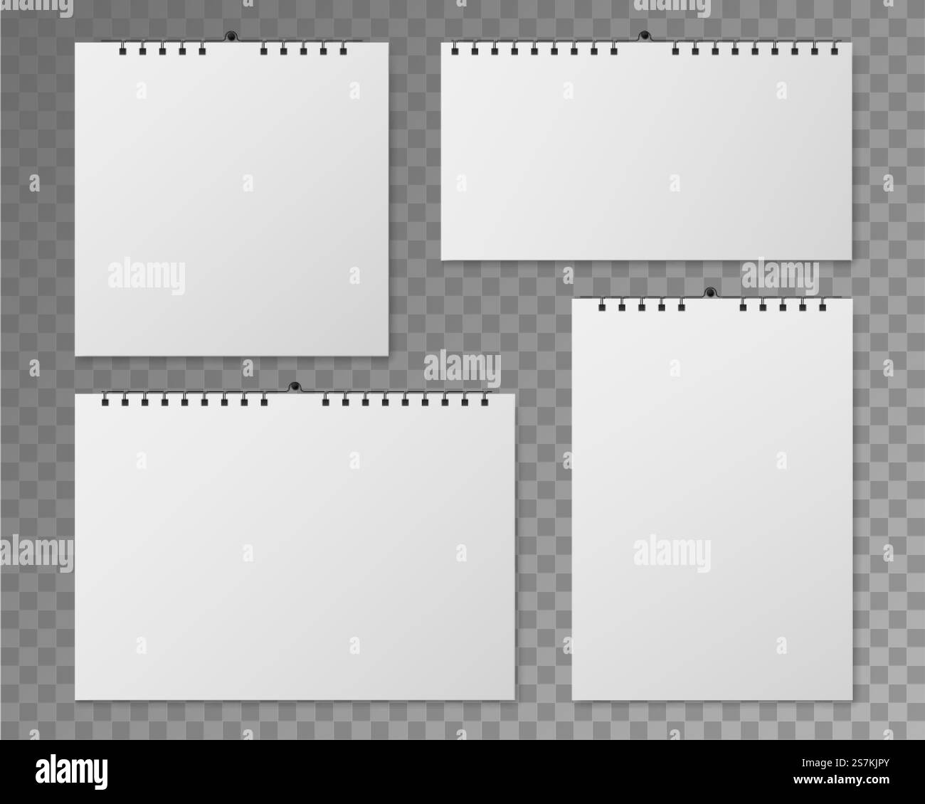 Mockup del calendario da parete. Calendari a spirale vuoti di diverse dimensioni. Pagine di white paper per la vista frontale dell'evento, data dell'agenda giornaliera. modello vettoriale impostato su sfondo trasparente. Mockup del calendario da parete. Calendari vuoti di dimensioni diverse. Pagine di white paper per la vista frontale dell'evento, data dell'agenda giornaliera. set di modelli vettoriali Illustrazione Vettoriale