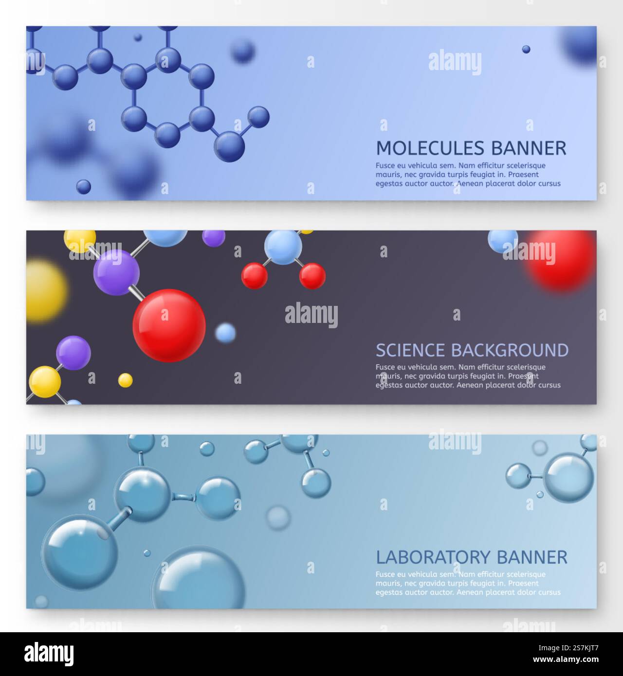 Striscioni molecolari. Struttura molecolare con atomi di particelle sferiche brillanti, dna biotecnologico, set di vettori biologici o chimici per laboratori scientifici. Striscioni molecolari. Struttura molecolare con atomi di particelle sferiche brillanti, dna biotecnologico, set di vettori di laboratorio per la ricerca scientifica Illustrazione Vettoriale