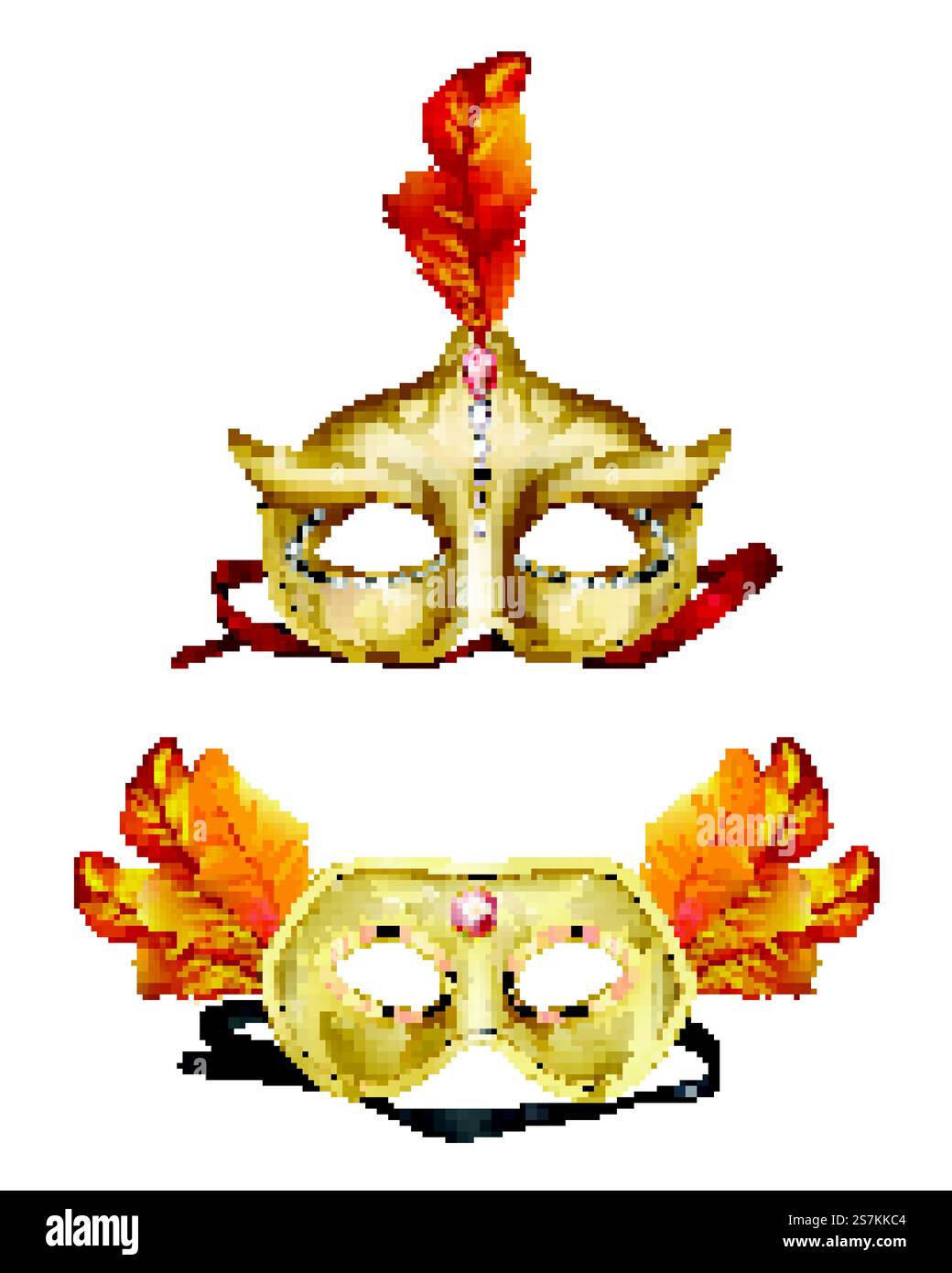 Maschera mezza faccia dorata da uomo decorata con pietre preziose, rubini rossi e piume arancioni per il carnevale veneziano o del Mardi Gras, festa in maschera, festa in costume 3d realistica Illustrazione Vettoriale Maschera mezza faccia dorata da uomo decorata con pietre preziose, rubini rossi e piume arancioni per il carnevale veneziano o del Mardi Gras, festa in maschera, festa in costume 3d realistica Illustrazione Vettoriale